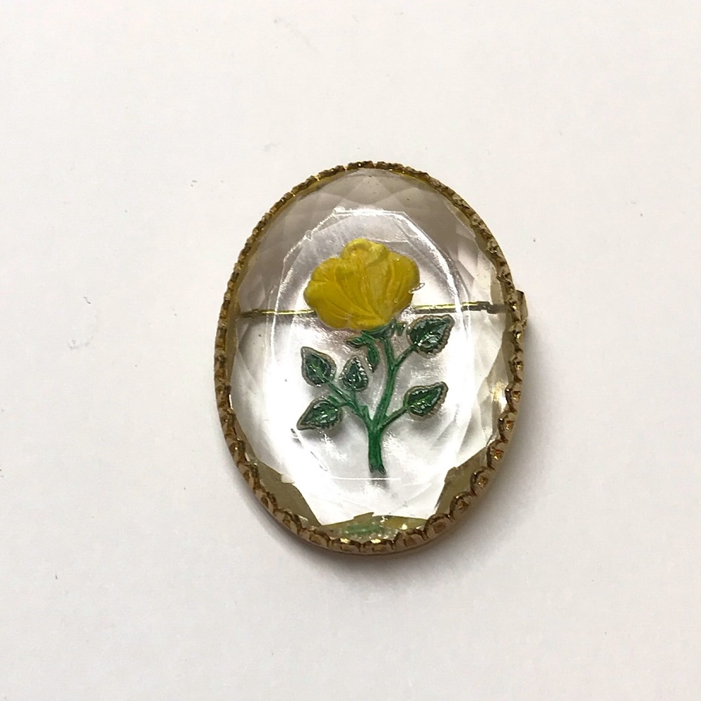Vintage Glass Intaglio Yellow Rose Brooch